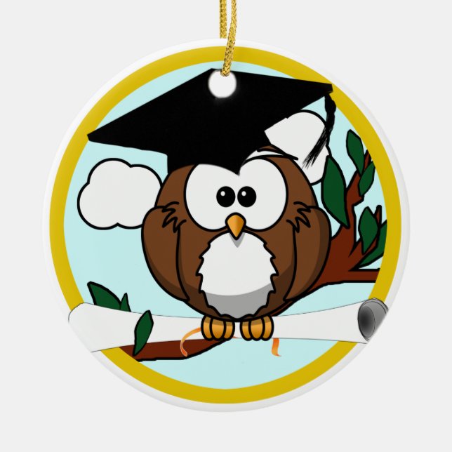 Cute Graduation Owl With Cap & Diploma Ceramic Tree Decoration (Front)
