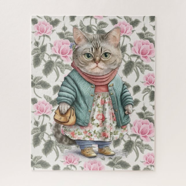 Cute Grandma Cat Pink Floral Apron Sweater Jigsaw Puzzle (Vertical)