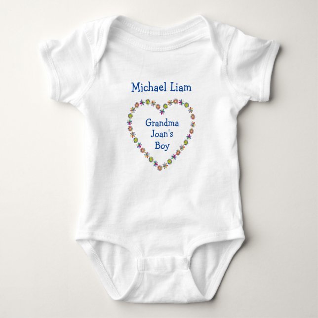 Cute Grandma's Boy Flower Heart Personalise Names Baby Bodysuit (Front)