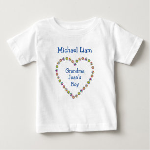 Cute Grandma's Boy Flower Heart Personalise Names Baby T-Shirt