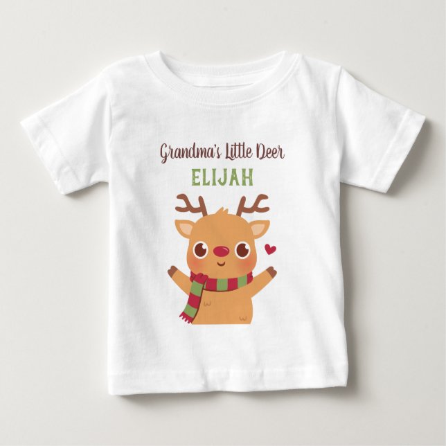 Cute Grandma's Little Deer, Red Nosed Reindeer Baby T-Shirt (Front)