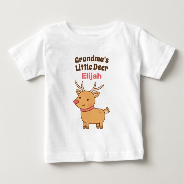 Cute Grandma's Little Deer, Reindeer Doodle Baby T-Shirt (Front)