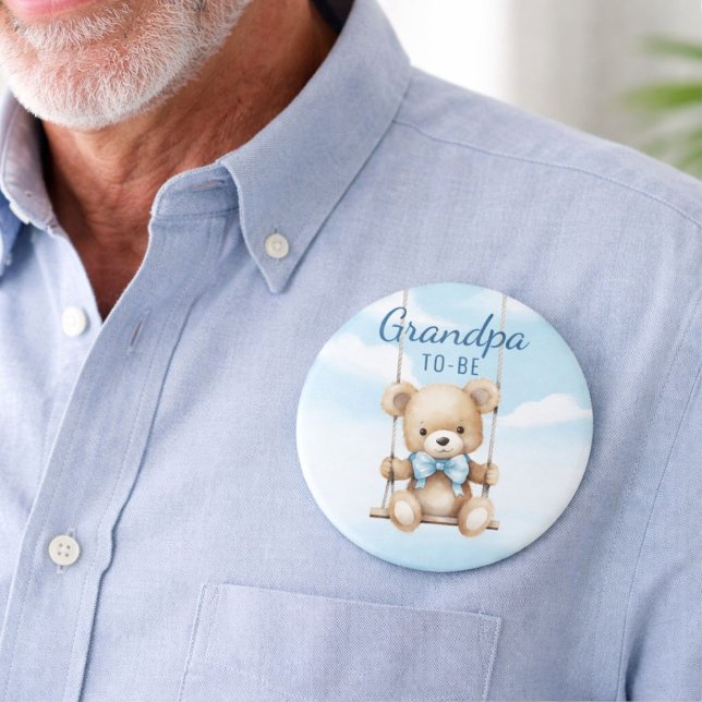 Cute Grandpa To Be Teddy Bear Baby Shower Button (Grandpa to Be button worn on shirt, soft blue teddy bear baby shower theme)