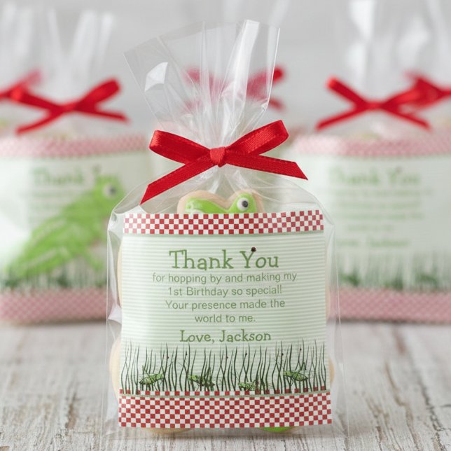 Cute Grasshoppers Birthday Party Favour Thank You Square Sticker (Grasshopper Thank You Stickers for Bugs Birthday Party for Kids. Green, White, Red Checkered Pattern)