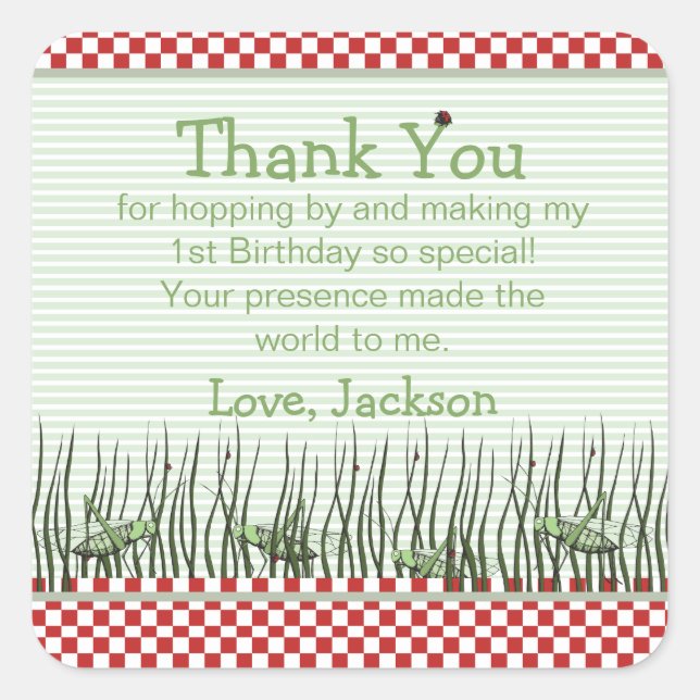 Cute Grasshoppers Birthday Party Favour Thank You Square Sticker (Front)