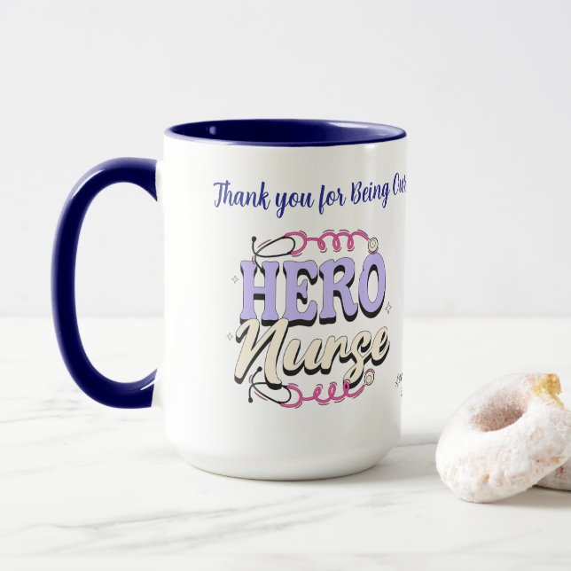 Cute Gratitude Nurse Blues Typography PERSONALIZE Mug (With Donut)