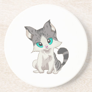 CUTE GRAY AND BEIGE LITTLE KITTEN WITH BLUE EYES COASTER
