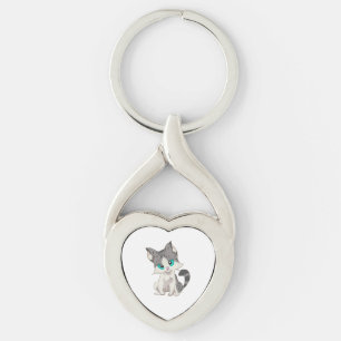 CUTE GRAY AND BEIGE LITTLE KITTEN WITH BLUE EYES KEY RING
