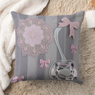 Cute Gray and Pink Coquette Bow Lace Doily Cushion