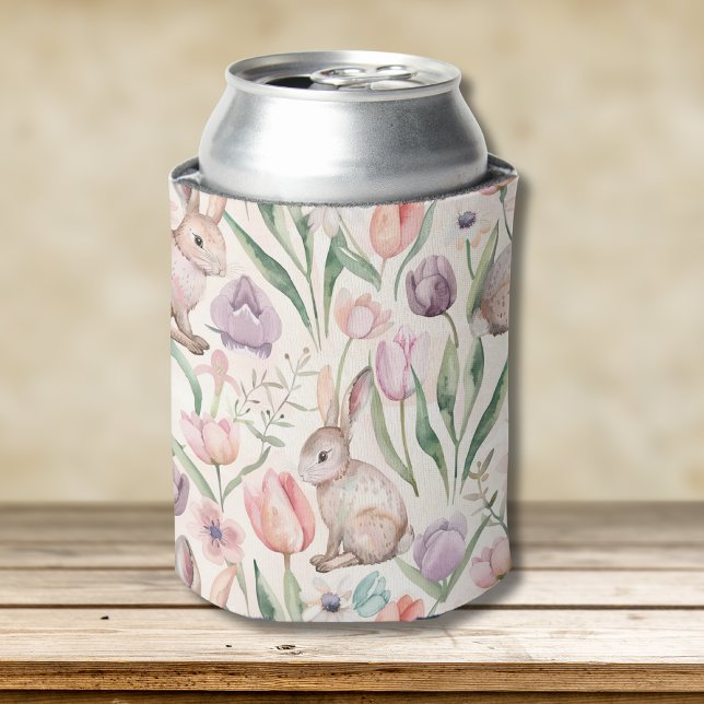 Cute Gray Bunny with Colorful Tulips Can Cooler (Creator Uploaded)