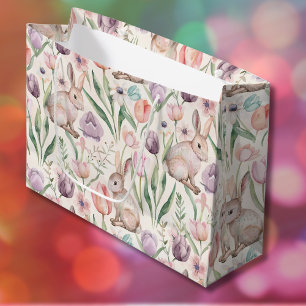 Cute Gray Bunny with Colorful Tulips Large Gift Bag