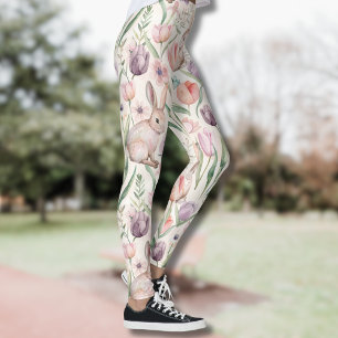 Cute Gray Bunny with Colorful Tulips Leggings