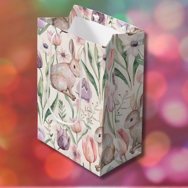 Cute Gray Bunny with Colorful Tulips Medium Gift Bag (Creator Uploaded)