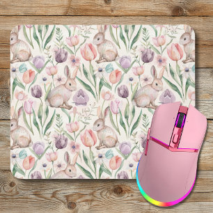 Cute Gray Bunny with Colorful Tulips Mouse Pad