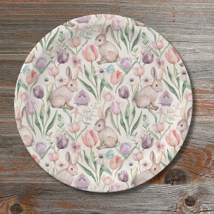 Cute Gray Bunny with Colorful Tulips Paper Plate