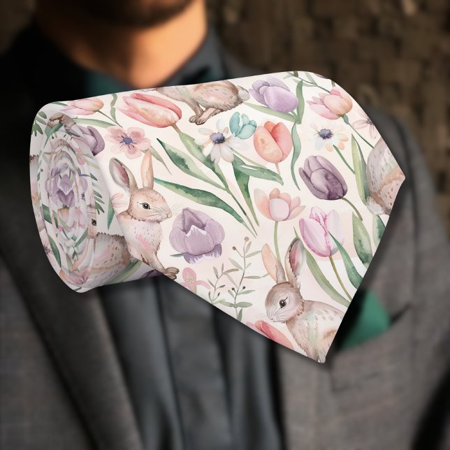 Cute Gray Bunny with Colorful Tulips Tie (Creator Uploaded)