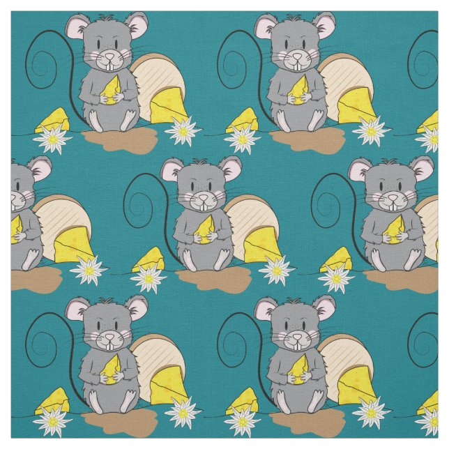 Cute gray cartoon mouse dark turquoise fabric (Swatch)