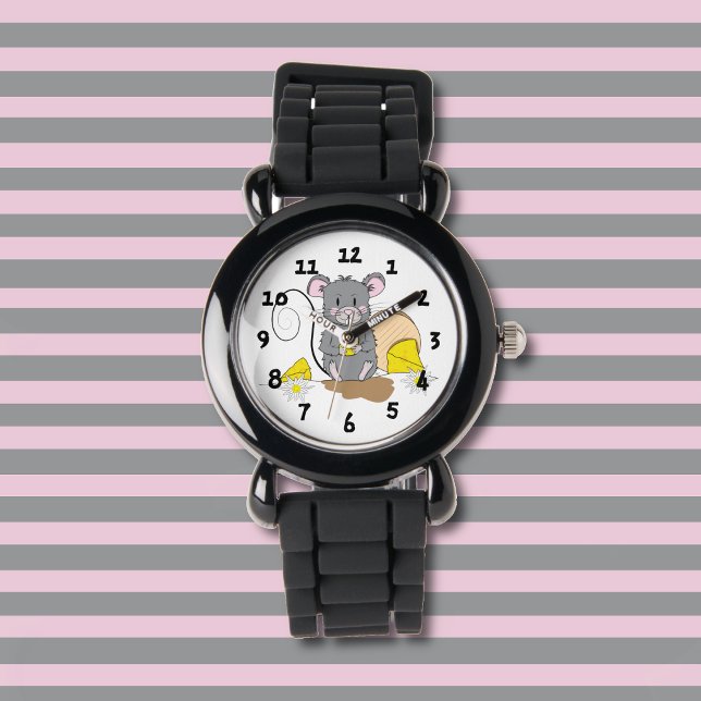 Cute Gray Cartoon Mouse Kid Watch (Cute kid watch with a gray mouse nibbing on some Swiss cheese .)