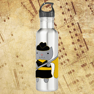 Cute Gray Cat Color Guard Mascot with Yellow Flag  710 Ml Water Bottle