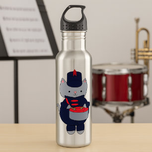 Cute Gray Cat Marching Band Uniform Playing Drum 710 Ml Water Bottle