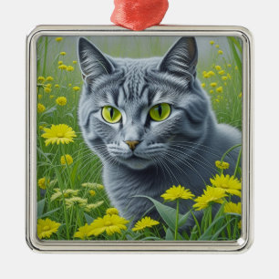 Cute Gray Cat with Yellow Eyes Ai Art Metal Tree Decoration