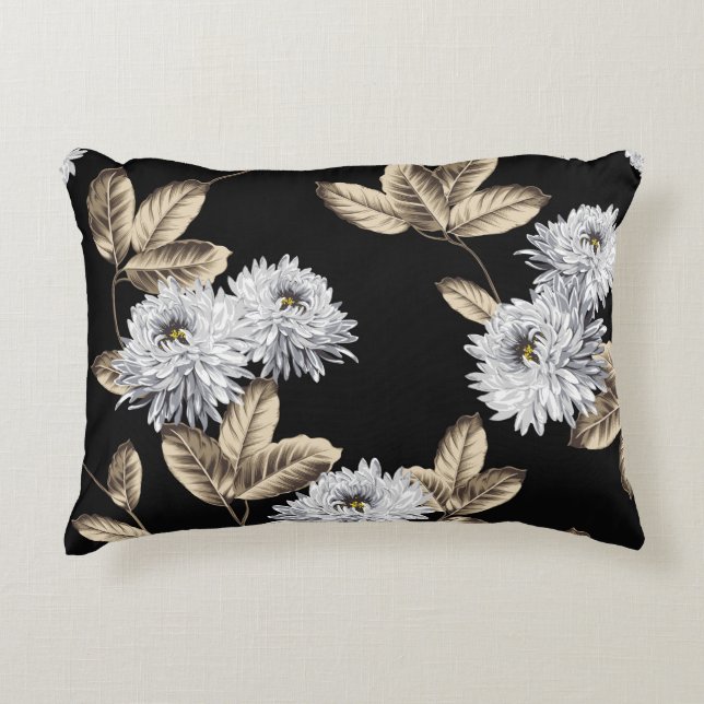 cute gray flowers with brown leaf pattern on black decorative cushion (Front)