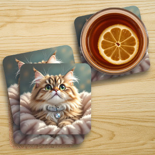 Cute Gray Fluffy Tabby Cat with Diamond Collar Coaster