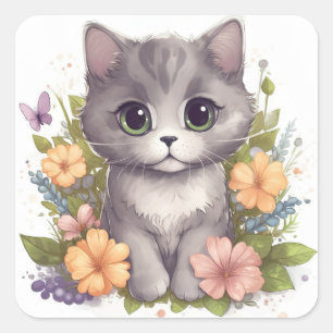 Cute Gray Kitty with Flowers Chibi Kawaii Square Sticker