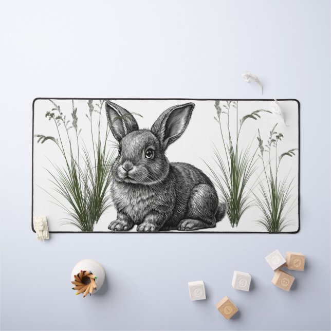 Cute Gray Rabbit Among the Grass Desk Mat (Kids Table)