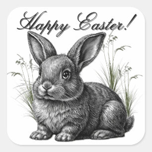 Cute Gray Rabbit Among the Grass Happy Easter Square Sticker