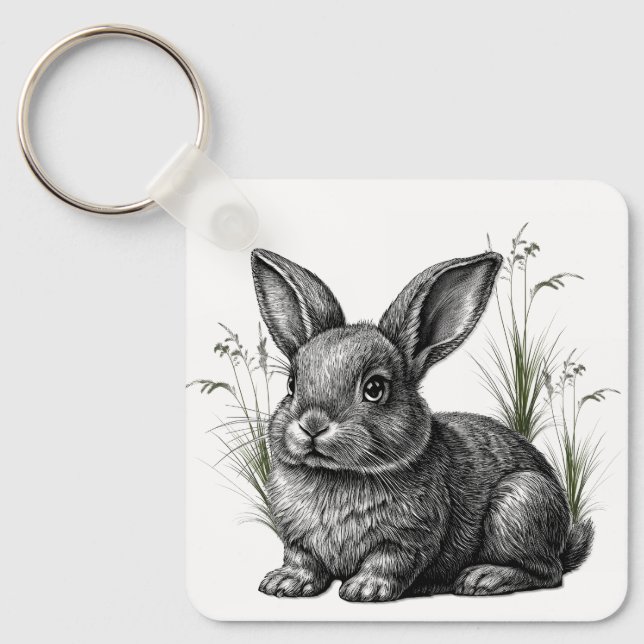 Cute Gray Rabbit Among the Grass Key Ring (Front)
