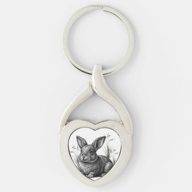 Cute Gray Rabbit Among the Grass Key Ring (Front)