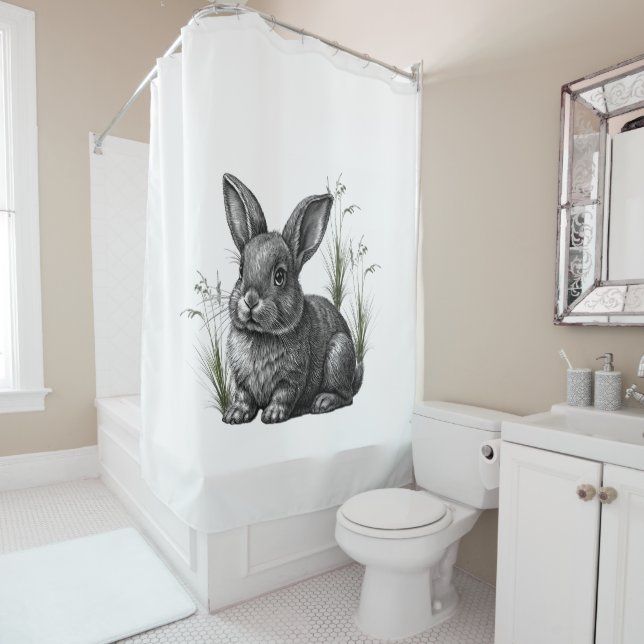 Cute Gray Rabbit Among the Grass Shower Curtain (In Situ)
