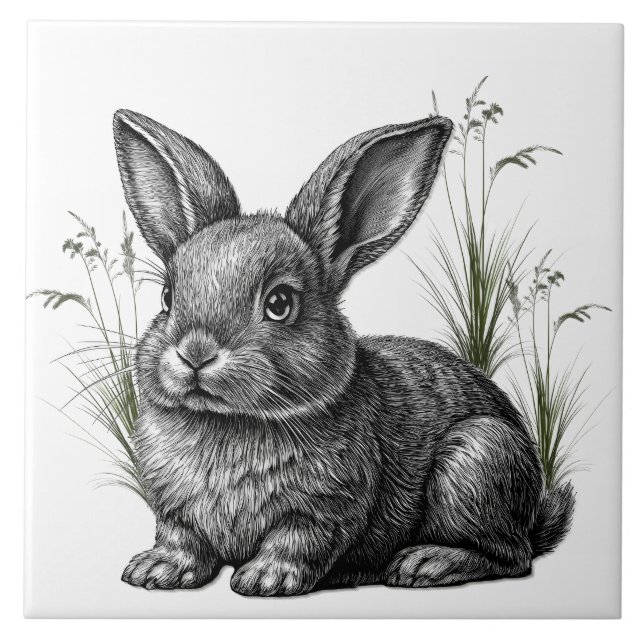 Cute Gray Rabbit Among the Grass Tile (Front)