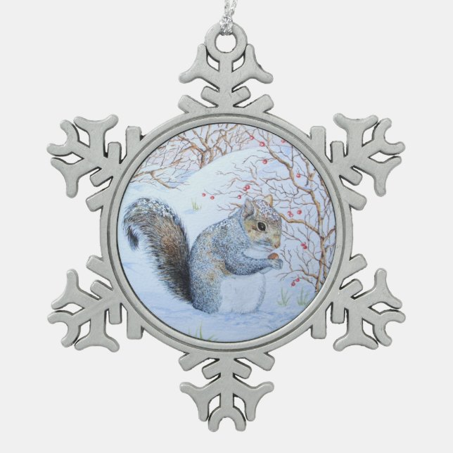 cute gray squirrel snow scene wildlife art snowflake pewter christmas ornament (Front)