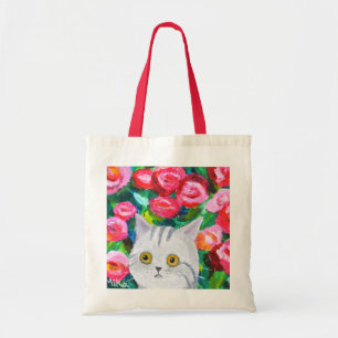 Cute Gray tabby Cat with Flowers Pretty Mom gift Tote Bag
