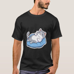 Cute Gray & White Tabby Tuxedo Cat Relaxing on Blu T-Shirt