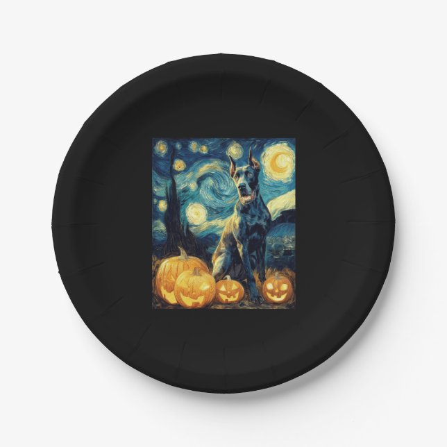 Cute Great Dane Dog Halloween Jack O Lantern Pumpk Paper Plate (Front)
