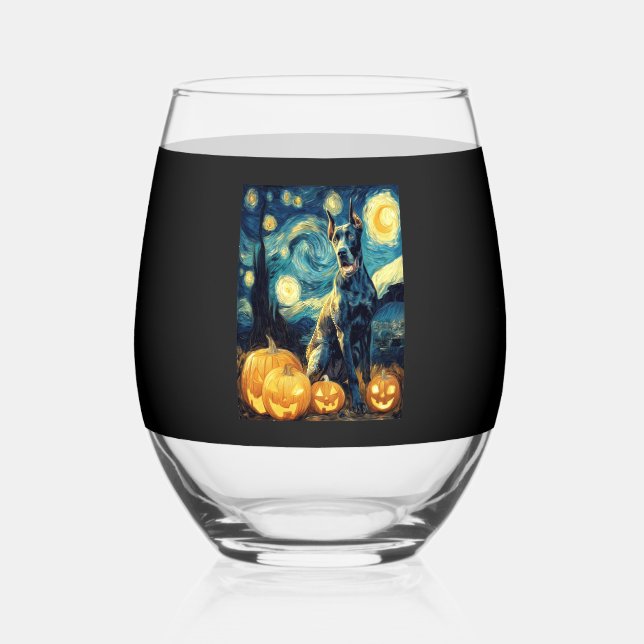 Cute Great Dane Dog Halloween Jack O Lantern Pumpk Stemless Wine Glass (Front)