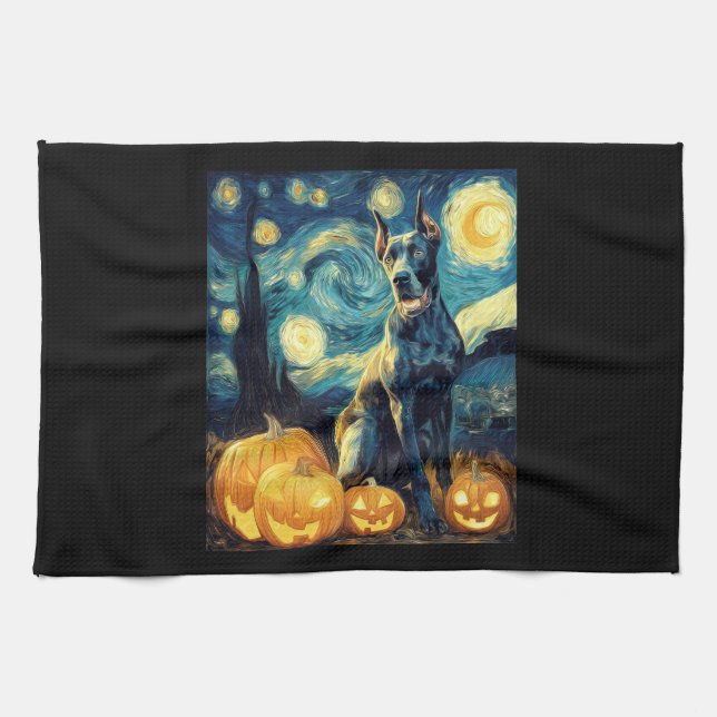 Cute Great Dane Dog Halloween Jack O Lantern Pumpk Tea Towel (Horizontal)