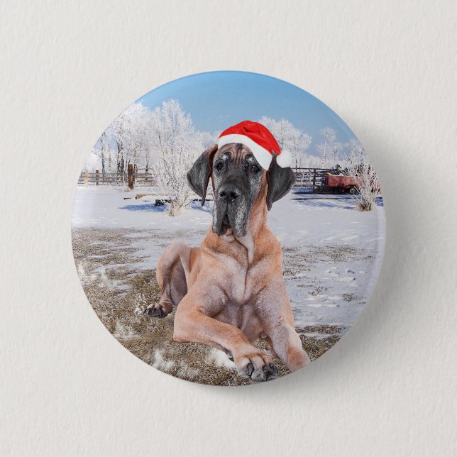 Cute Great Dane Dog Sitting In Snow Christmas Hat 6 Cm Round Badge (Front)