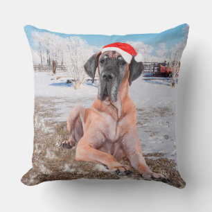 Cute Great Dane Dog Sitting In Snow Christmas Hat Cushion