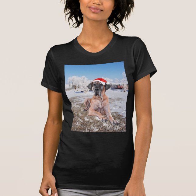 Cute Great Dane Dog Sitting In Snow Christmas Hat T-Shirt (Front)