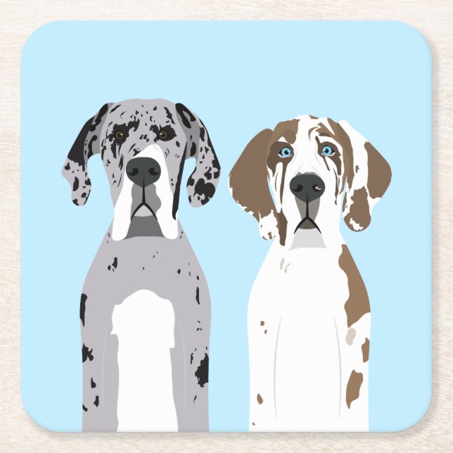 Cute Great Dane Dogs Blue Square Paper Coaster (Front)