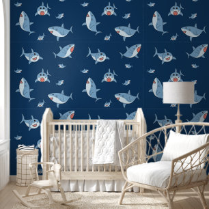 Cute Great White Sharks Ocean Pattern Boys Wallpaper