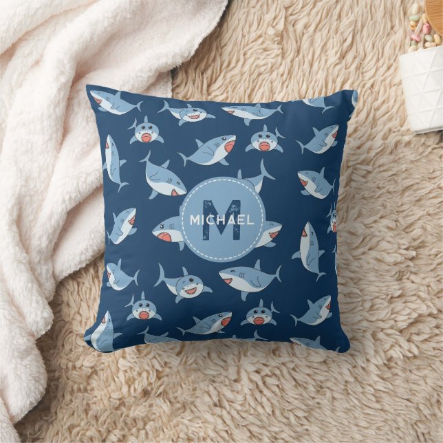 Cute Great White Sharks Ocean Pattern Monogram Cushion (Blanket)