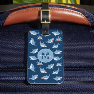 Cute Great White Sharks Ocean Pattern Monogram Luggage Tag