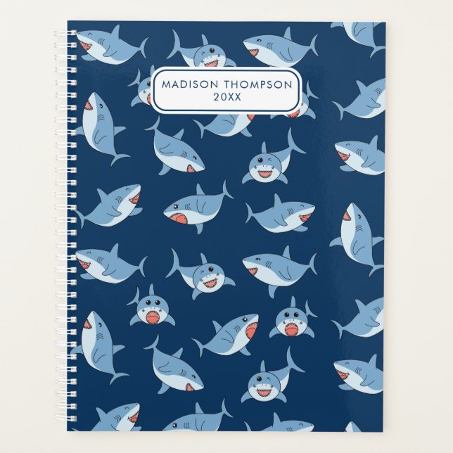 Cute Great White Sharks Ocean Pattern Planner (Front)