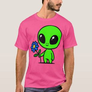 Cute Green Alien And Flower T-Shirt