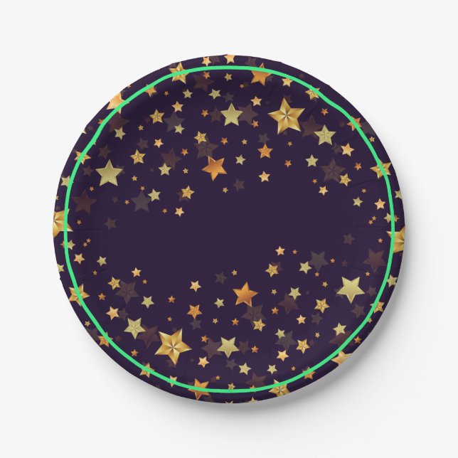 Cute Green Alien On Gold Stars Fun Paper Plate (Front)